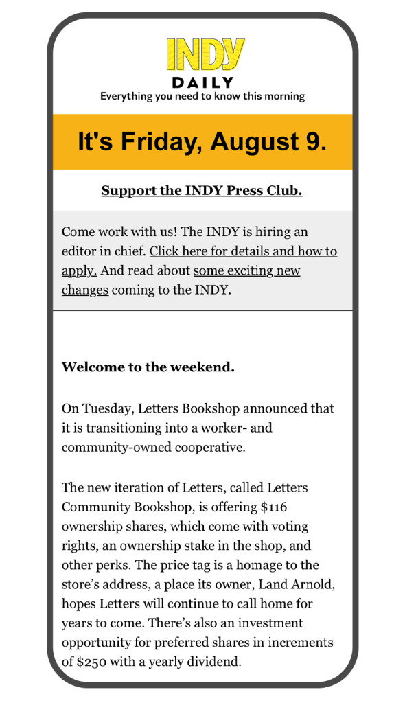 Sign Up For INDY s Daily Newsletter Sign up for indy s daily newsletter